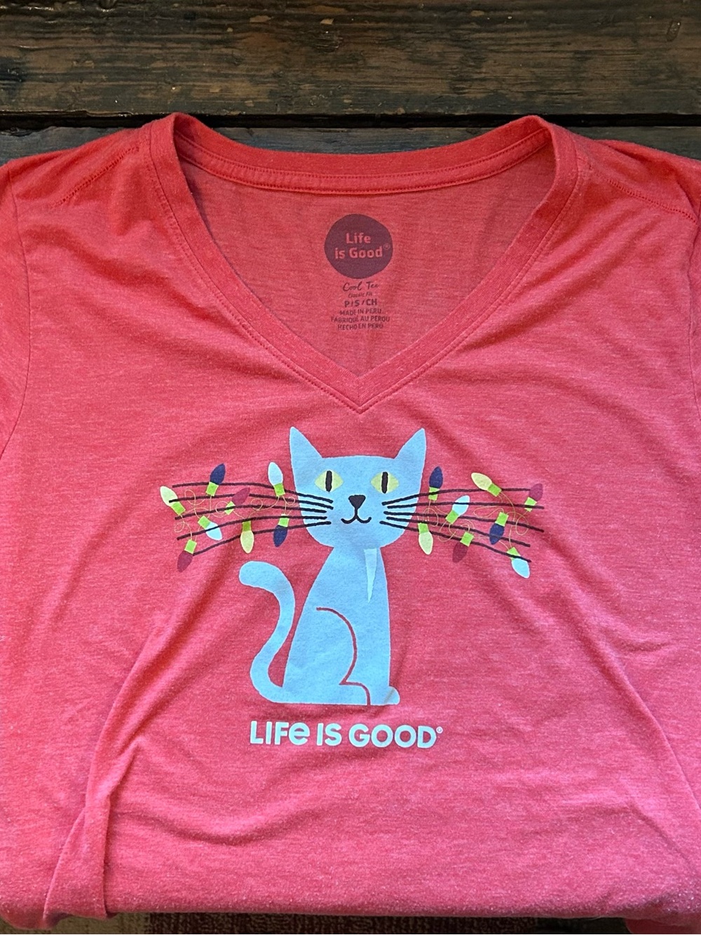 Life Is Good Soft Heather Red Cat Graphic V-Neck Tee